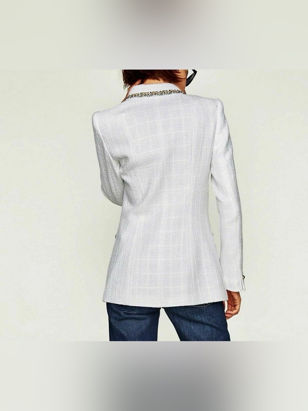 Zara White Tweed Double-Breasted Blazer with Multicolor Trim - Picture 11 of 13